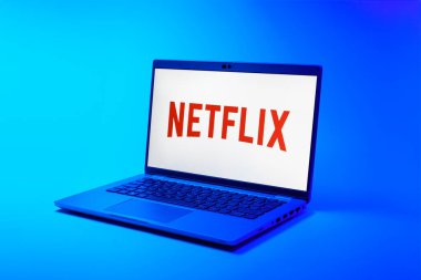 Prag, Çek Cumhuriyeti - 02 21 2025: Netflix logosunu gösteren dizüstü bilgisayar.