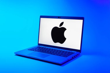 Prag, Çek Cumhuriyeti - 02 21 2025: Apple logosunu gösteren dizüstü bilgisayar.