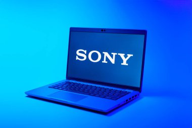 Prag, Çek Cumhuriyeti - 02 21 2025: Sony logosunu gösteren dizüstü bilgisayar.