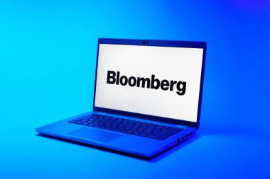Prag, Çek Cumhuriyeti - 02 21 2025: Bloomberg logosunu gösteren dizüstü bilgisayar.