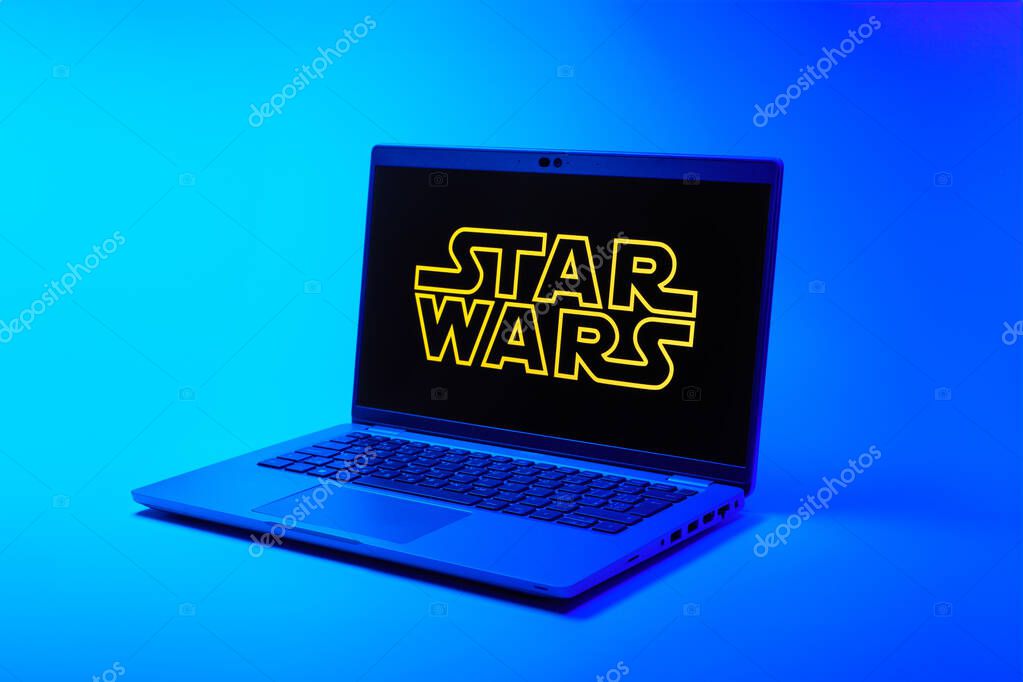 Prague, Czechia - 02 21 2025: Laptop on surface showing Star Wars logo.