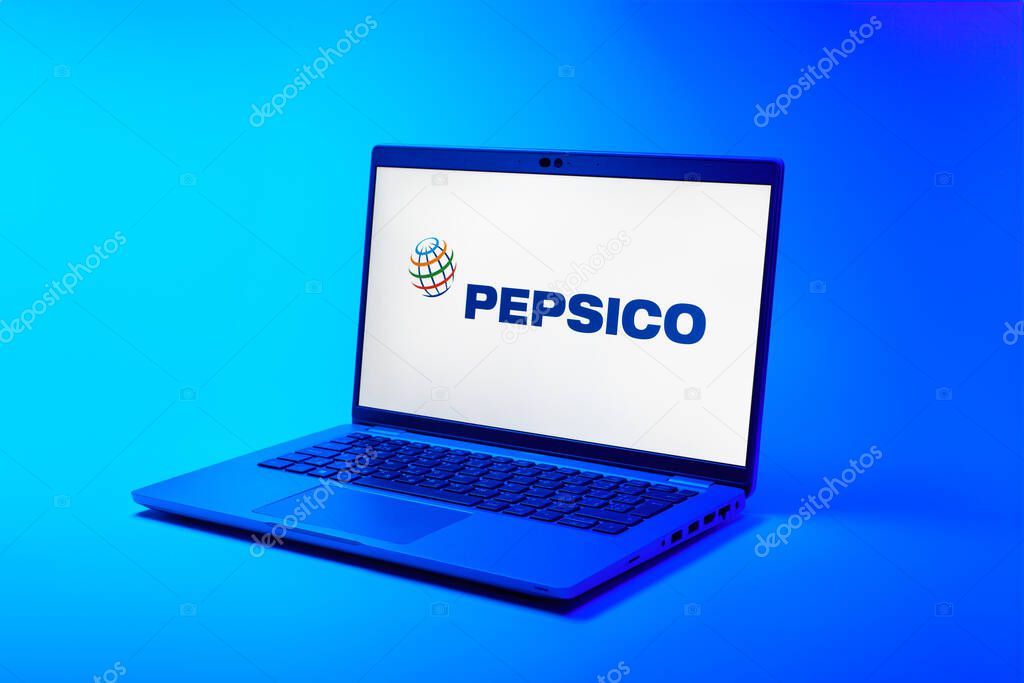 Prague, Czechia - 02 21 2025: Laptop on surface showing Pepsico logo.