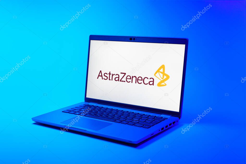 Prague, Czechia - 02 21 2025: Laptop on surface showing AstraZeneca logo.