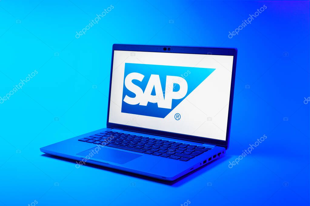 Prague, Czechia - 02 21 2025: Laptop on surface showing SAP logo.