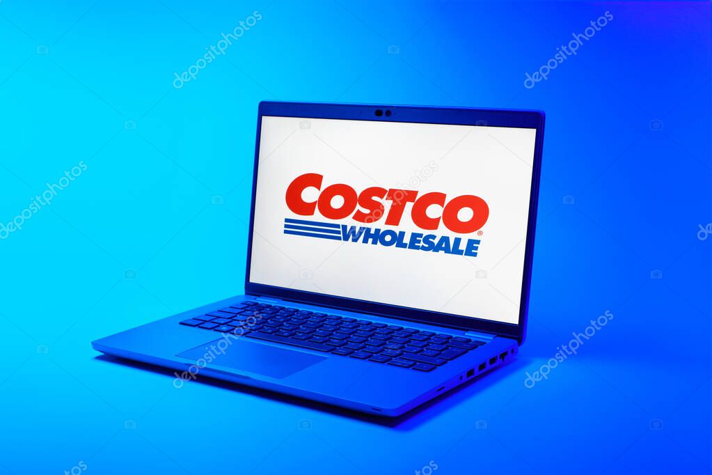 Prague, Czechia - 02 21 2025: Laptop on surface showing Costco logo.