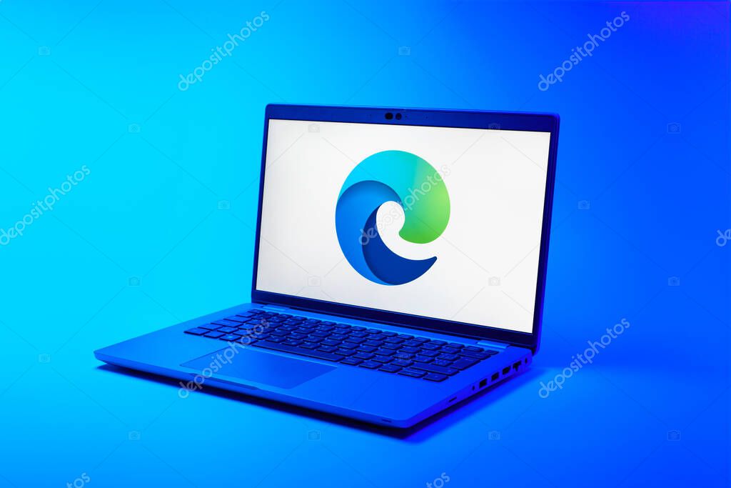 Prague, Czechia - 02 21 2025: Laptop on surface showing Edge logo.