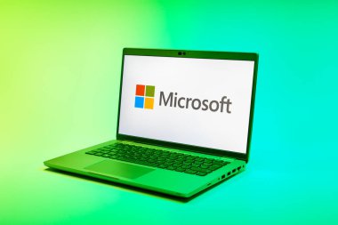 Prag, Çek Cumhuriyeti - 02 21 2025: Microsoft logosunu gösteren dizüstü bilgisayar.