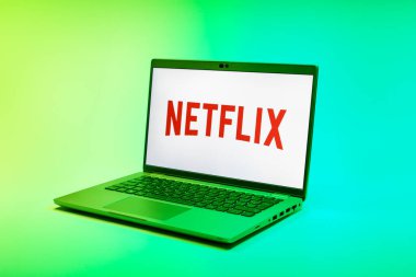 Prag, Çek Cumhuriyeti - 02 21 2025: Netflix logosunu gösteren dizüstü bilgisayar.