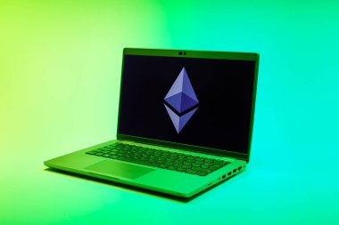 Prag, Çek Cumhuriyeti - 02 21 2025: Ethereum logosunu gösteren dizüstü bilgisayar.