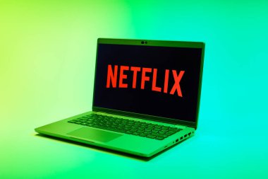 Prag, Çek Cumhuriyeti - 02 21 2025: Netflix logosunu gösteren dizüstü bilgisayar.