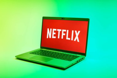 Prag, Çek Cumhuriyeti - 02 21 2025: Netflix logosunu gösteren dizüstü bilgisayar.