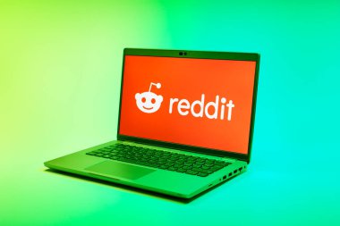 Prag, Çek Cumhuriyeti - 02 21 2025: Reddit logosunu gösteren dizüstü bilgisayar.