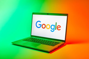 Prag, Çek Cumhuriyeti - 02 21 2025: Google logosunu gösteren dizüstü bilgisayar.