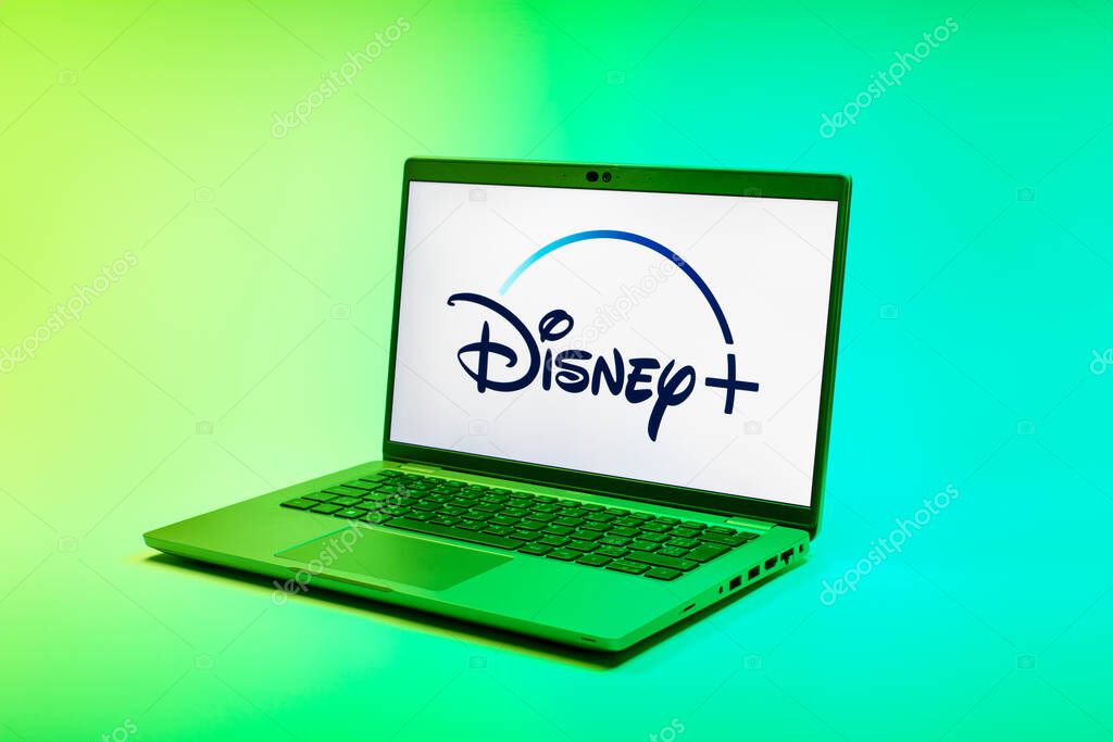 Prague, Czechia - 02 21 2025: Laptop on surface showing Disney + logo.