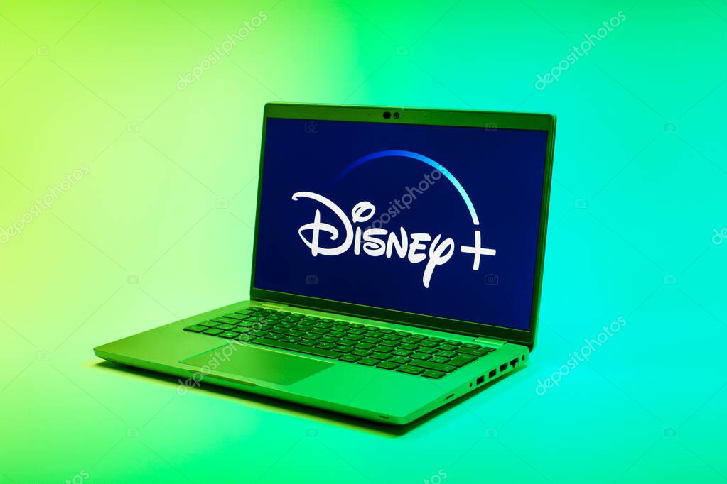 Prague, Czechia - 02 21 2025: Laptop on surface showing Disney + logo.