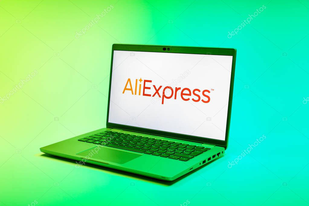 Prague, Czechia - 02 21 2025: Laptop on surface showing AliExpress logo.