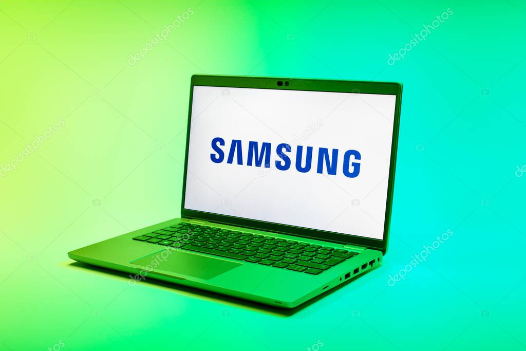 Prague, Czechia - 02 21 2025: Laptop on surface showing Samsung logo.
