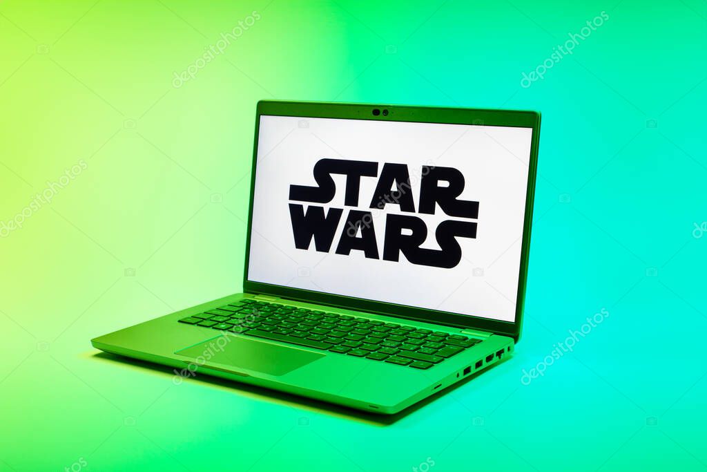 Prague, Czechia - 02 21 2025: Laptop on surface showing Star Wars logo.