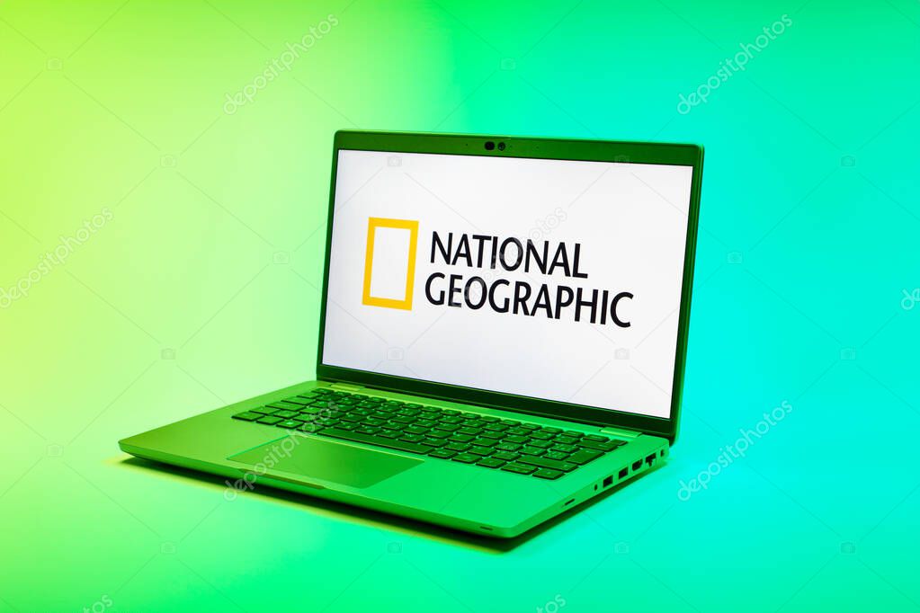 Prague, Czechia - 02 21 2025: Laptop on surface showing National Geographic logo.