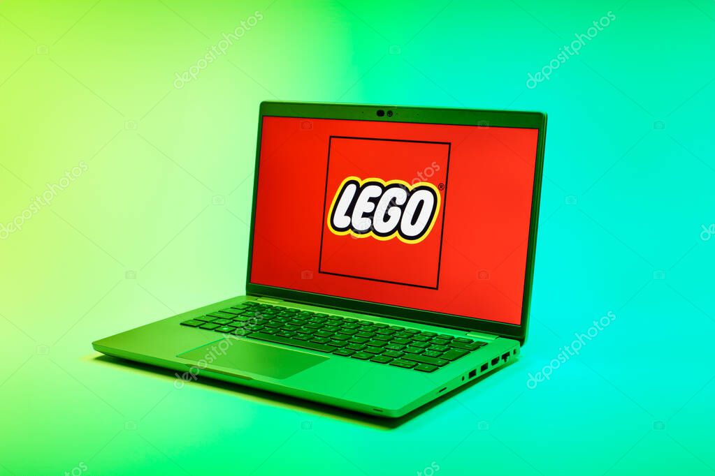 Prague, Czechia - 02 21 2025: Laptop on surface showing Lego logo.