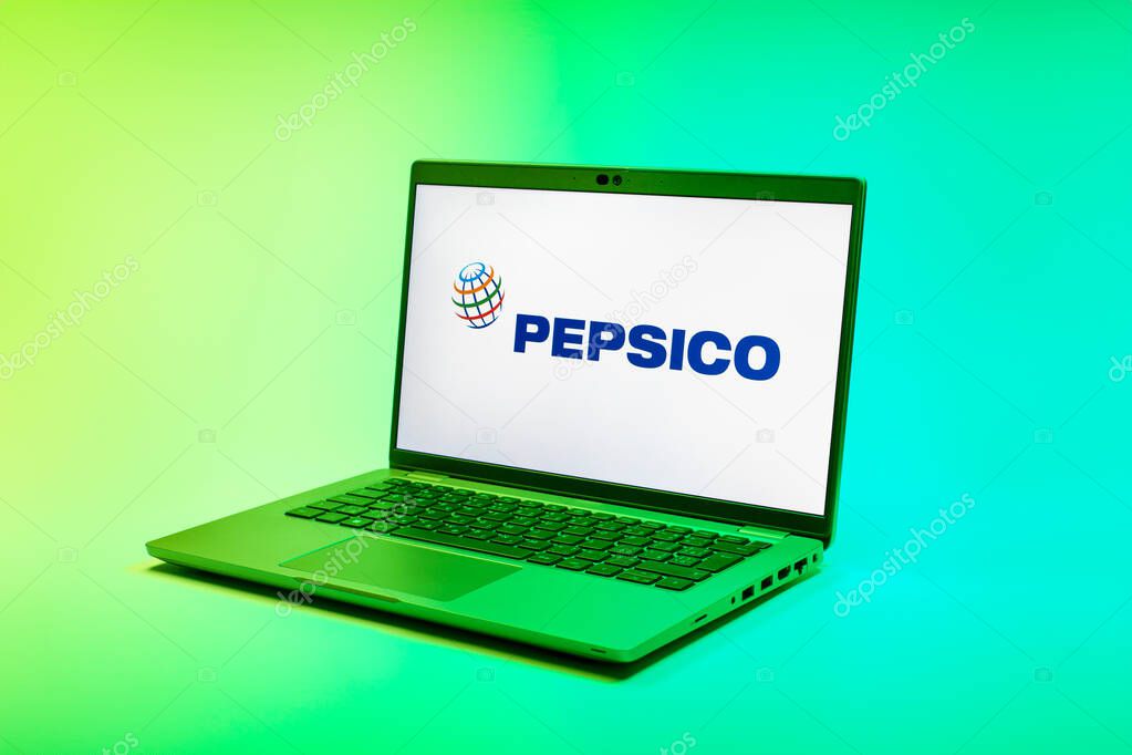 Prague, Czechia - 02 21 2025: Laptop on surface showing Pepsico logo.