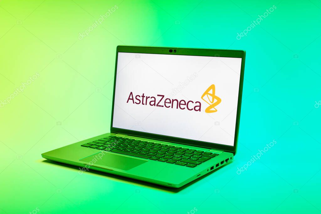 Prague, Czechia - 02 21 2025: Laptop on surface showing AstraZeneca logo.