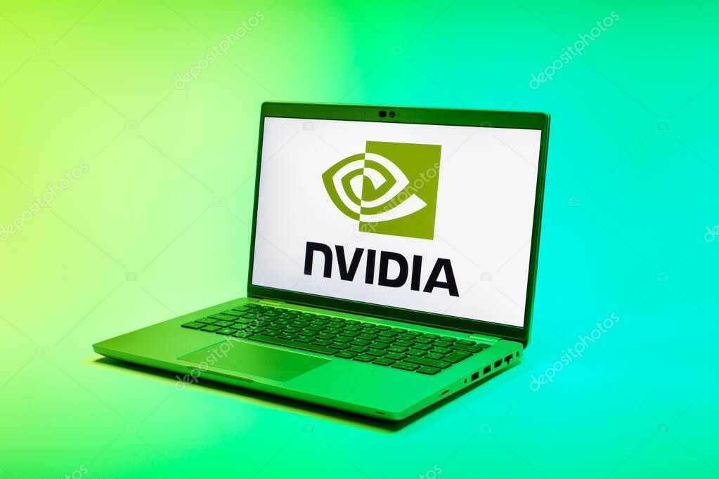 Prague, Czechia - 02 21 2025: Laptop on surface showing NVIDIA logo.