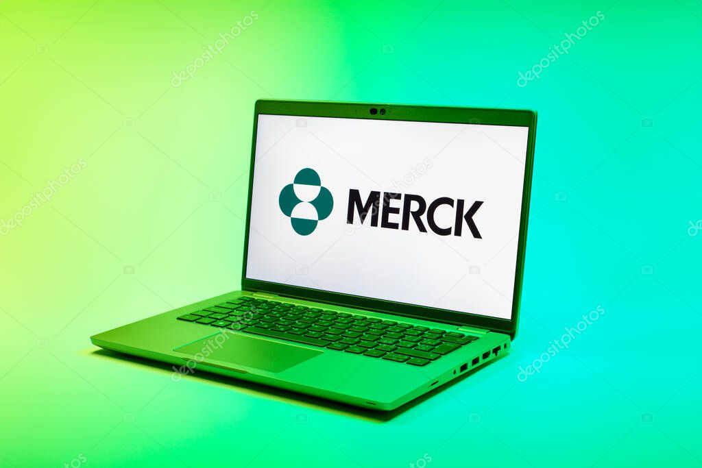 Prague, Czechia - 02 21 2025: Laptop on surface showing Merck logo.