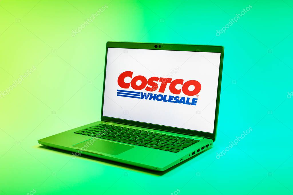 Prague, Czechia - 02 21 2025: Laptop on surface showing Costco logo.