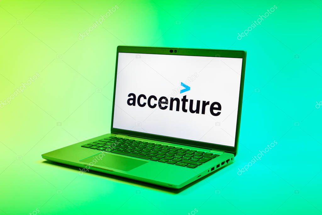 Prague, Czechia - 02 21 2025: Laptop on surface showing Accenture logo.