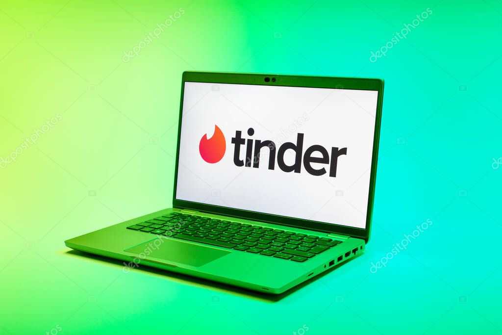 Prague, Czechia - 02 21 2025: Laptop on surface showing Tinder logo.