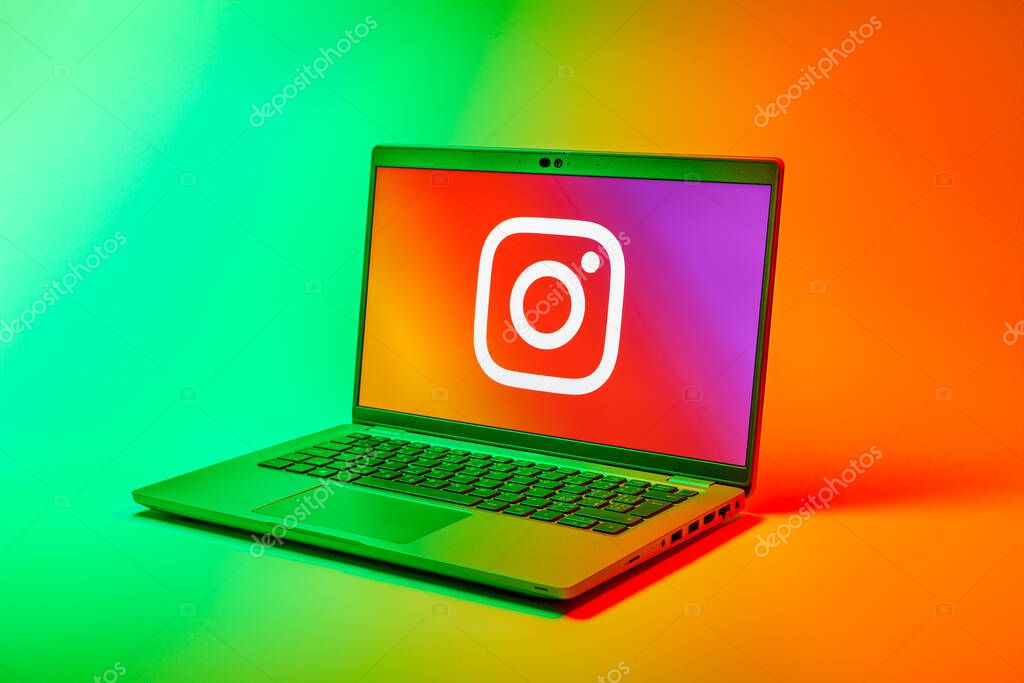 Prague, Czechia - 02 21 2025: Laptop on surface showing Instagram logo.