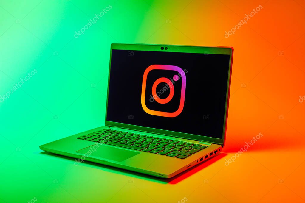 Prague, Czechia - 02 21 2025: Laptop on surface showing Instagram logo.