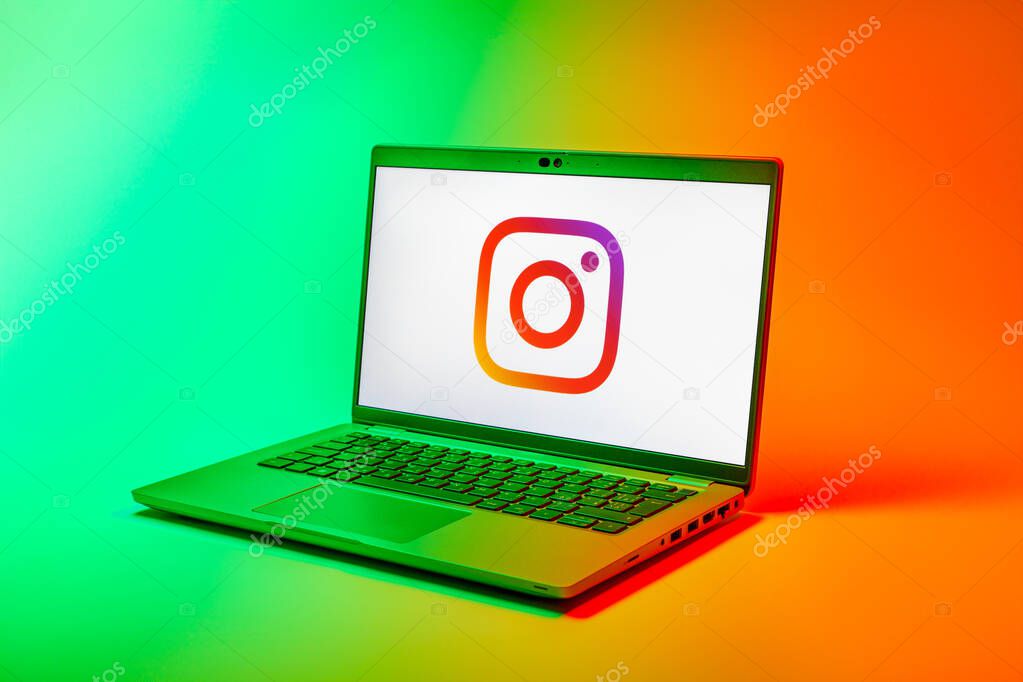 Prague, Czechia - 02 21 2025: Laptop on surface showing Instagram logo.