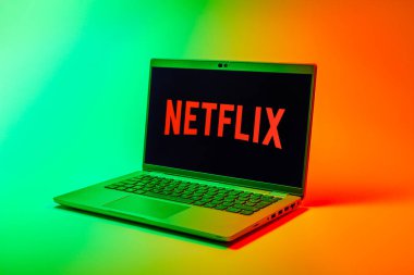 Prag, Çek Cumhuriyeti - 02 21 2025: Netflix logosunu gösteren dizüstü bilgisayar.
