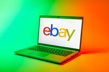 Prag, Çek Cumhuriyeti - 02 21 2025: Ebay logosunu gösteren dizüstü bilgisayar.