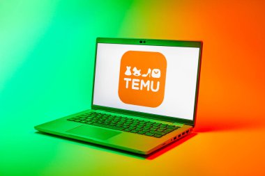 Prag, Çek Cumhuriyeti - 02 21 2025: Temu logosunu gösteren dizüstü bilgisayar.