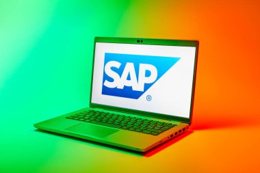 Prag, Çek Cumhuriyeti - 02 21 2025: SAP logosunu gösteren dizüstü bilgisayar.