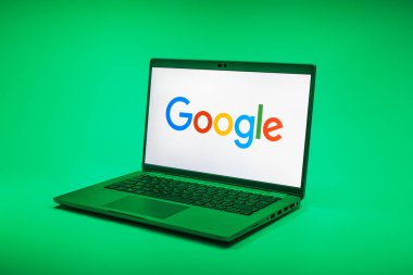 Prag, Çek Cumhuriyeti - 02 21 2025: Google logosunu gösteren dizüstü bilgisayar.