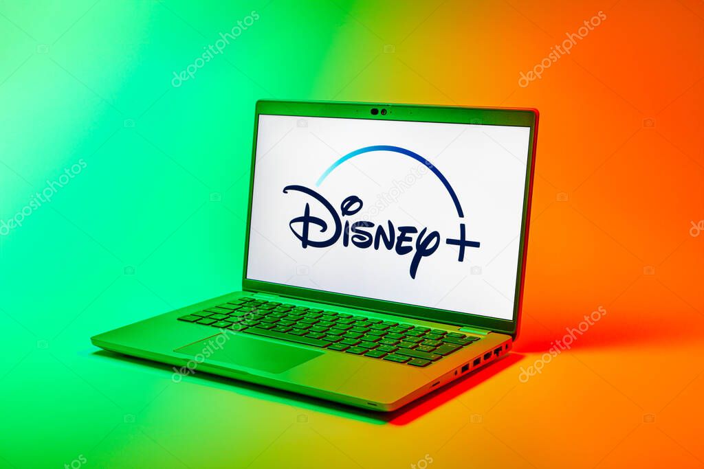 Prague, Czechia - 02 21 2025: Laptop on surface showing Disney + logo.