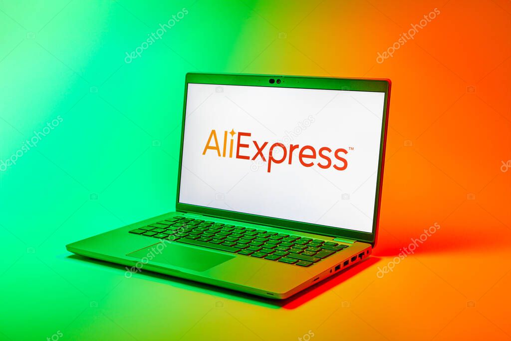 Prague, Czechia - 02 21 2025: Laptop on surface showing AliExpress logo.