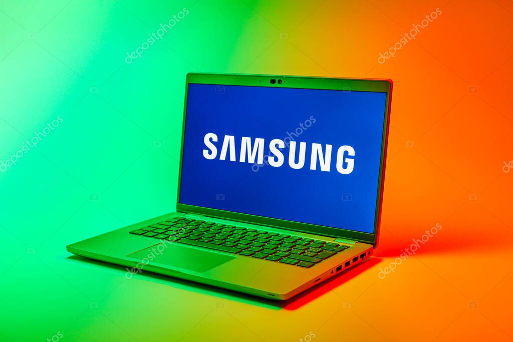 Prague, Czechia - 02 21 2025: Laptop on surface showing Samsung logo.