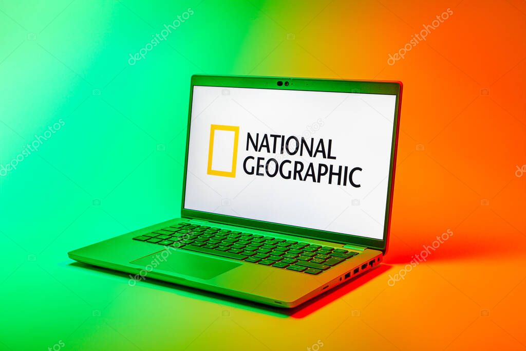 Prague, Czechia - 02 21 2025: Laptop on surface showing National Geographic logo.