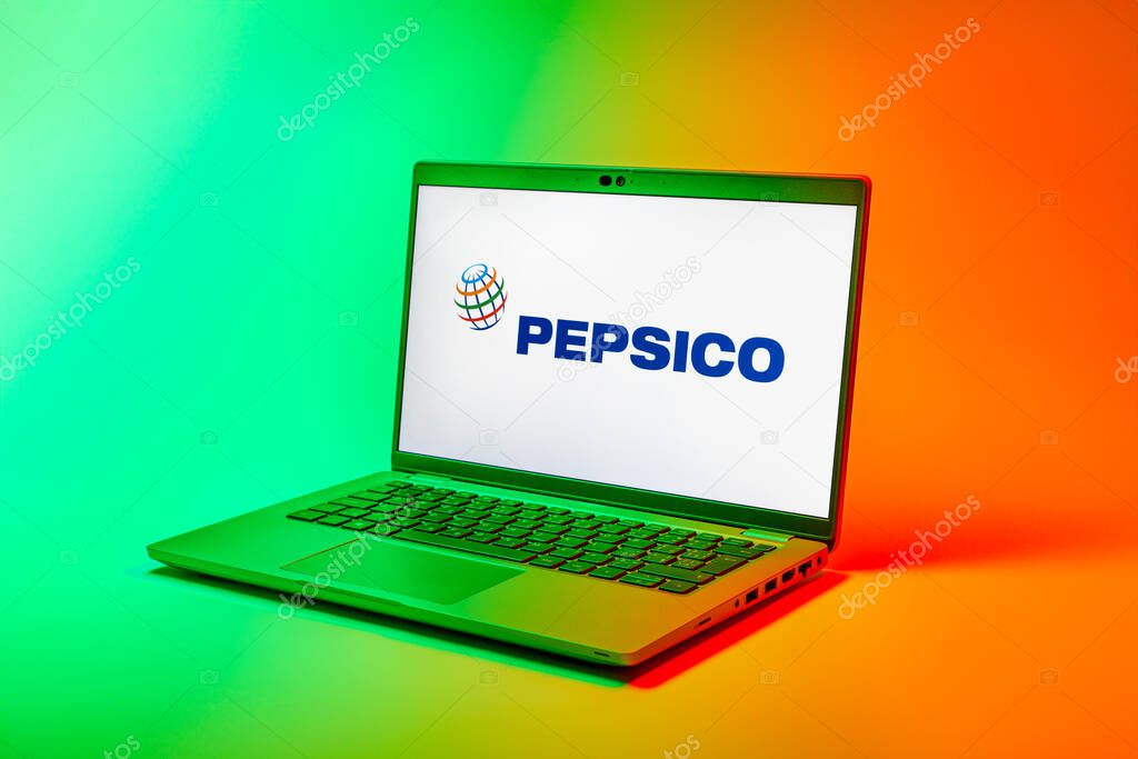 Prague, Czechia - 02 21 2025: Laptop on surface showing Pepsico logo.