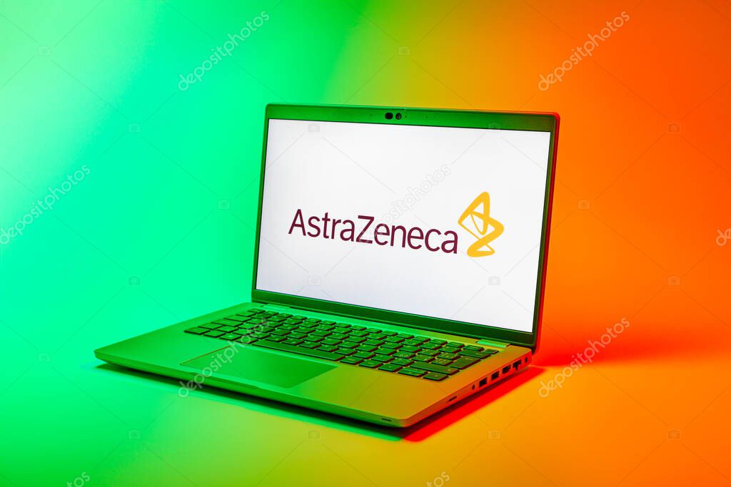 Prague, Czechia - 02 21 2025: Laptop on surface showing AstraZeneca logo.