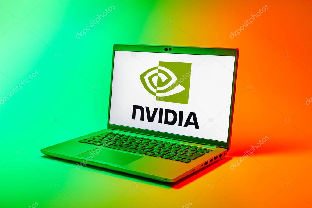 Prague, Czechia - 02 21 2025: Laptop on surface showing NVIDIA logo.