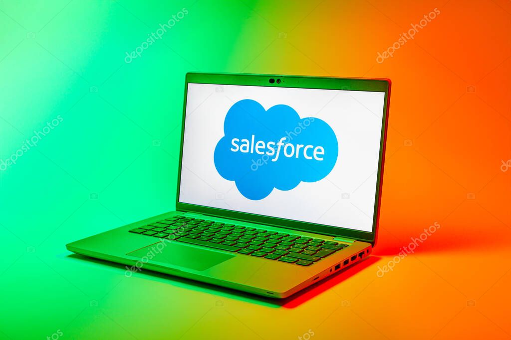 Prague, Czechia - 02 21 2025: Laptop on surface showing Salesforce logo.
