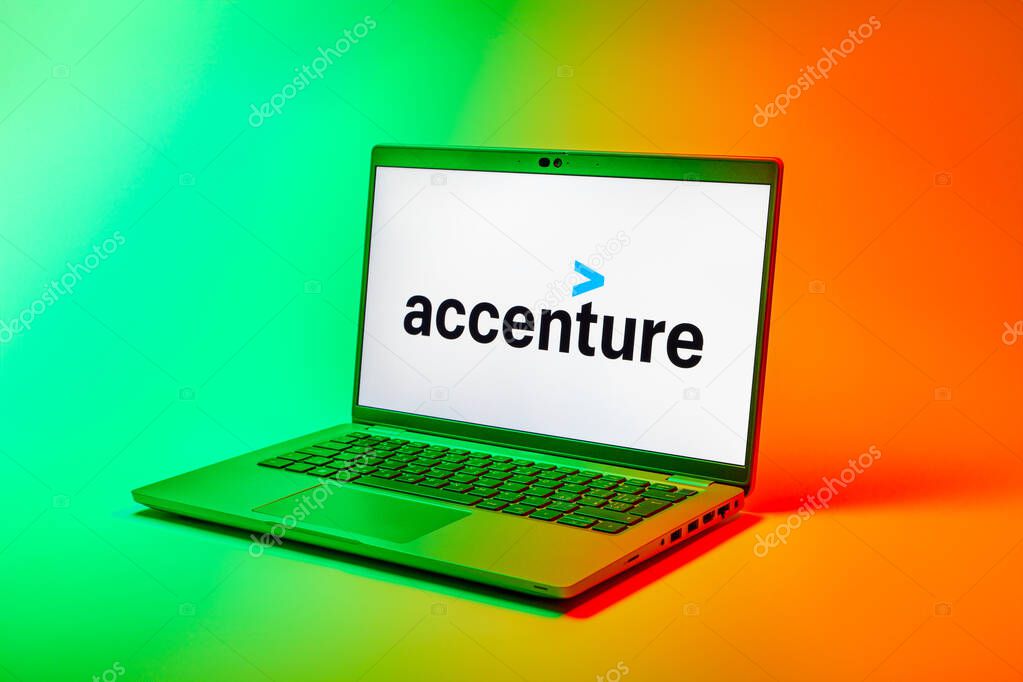 Prague, Czechia - 02 21 2025: Laptop on surface showing Accenture logo.