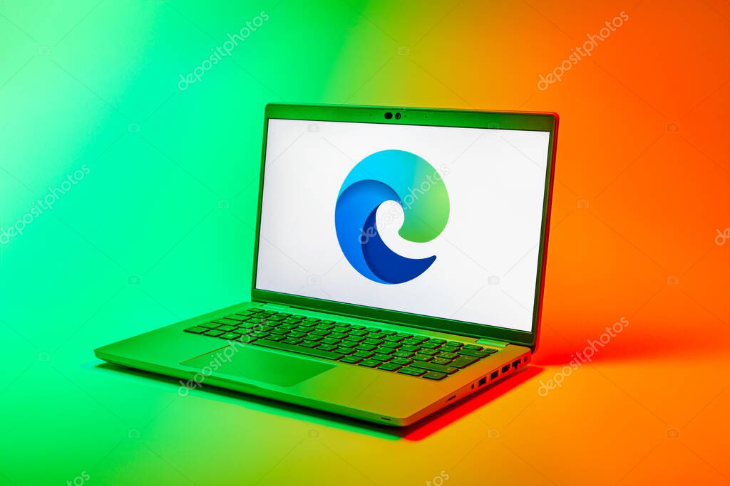 Prague, Czechia - 02 21 2025: Laptop on surface showing Edge logo.