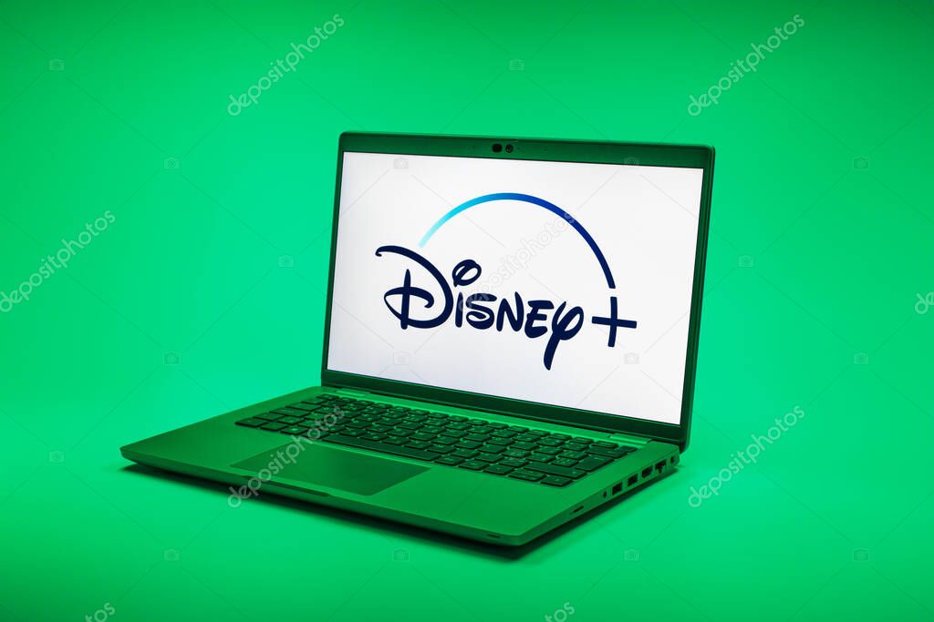 Prague, Czechia - 02 21 2025: Laptop on surface showing Disney + logo.